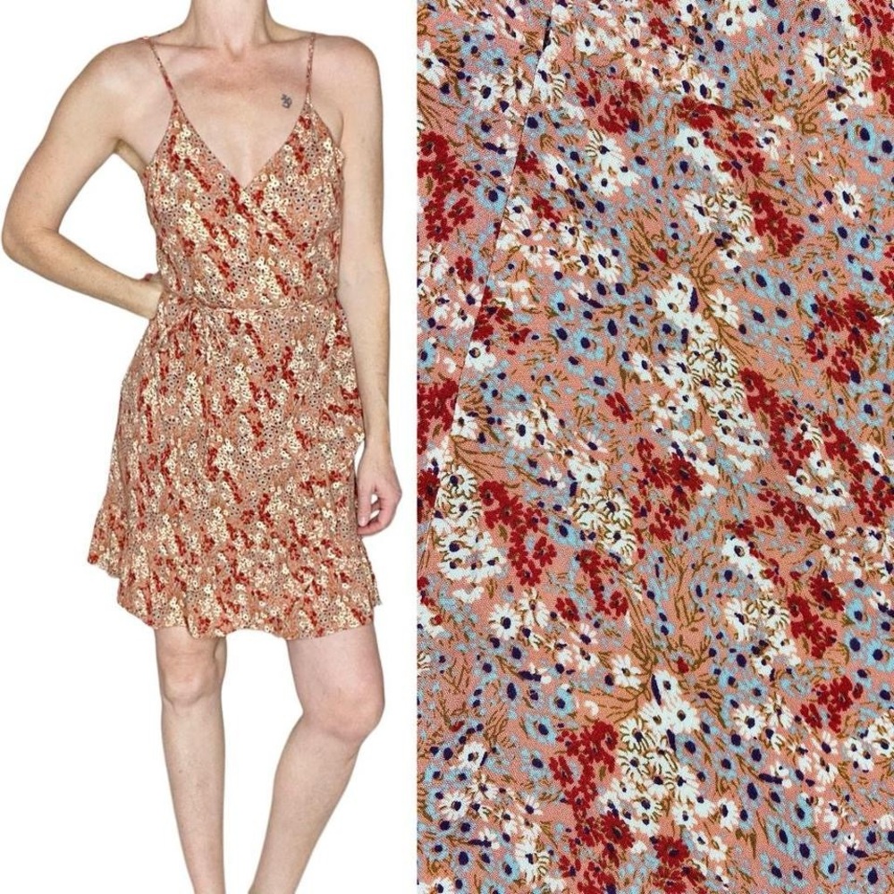 Free People Intimately Orange Red Ditzy Floral Mini Wrap Dress